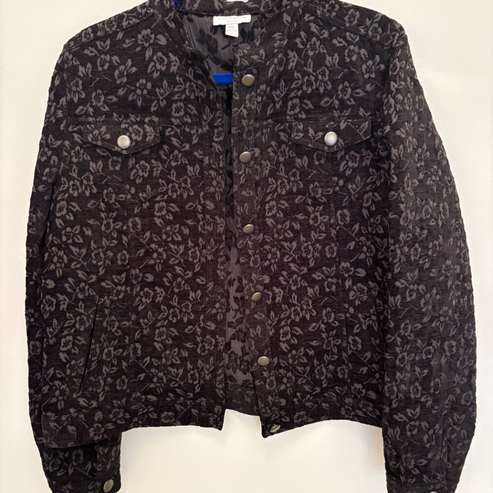 CHARTER CLUB PETITES black poly rayon blend woven jacket w/floral pattern sz P/L